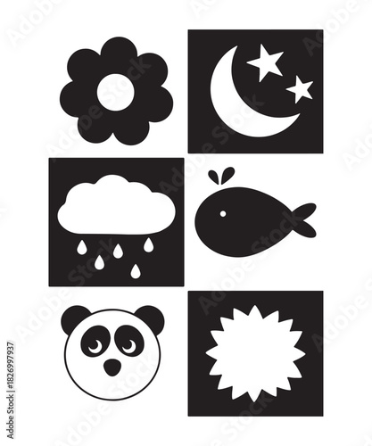Set of black and white icons for design, High contrast black and white baby flashcards vector set for visual stimulation