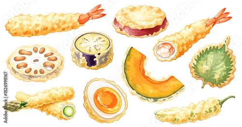 天ぷらの単品具材セットイラスト（海老・野菜・卵）,和食,揚げ物,食材,水彩,リアル