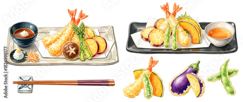 天ぷらのセットイラスト（海老・野菜盛り合わせ）,和食,揚げ物,定食,天つゆ,水彩,リアル