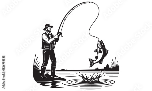 Fishing & Diving Silhouette Vector Bundle: Fisherman, Fish Hooks, Scuba Divers, and Nature Scenes Graphics