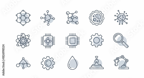 Collection of Science and Technology Icons Representing Scientific Research and Technological Advancements.