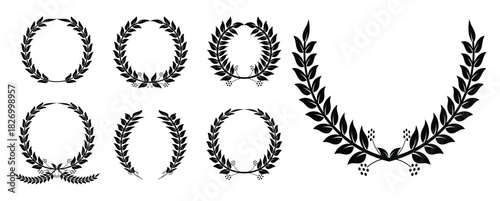 Black laurel wreath set of seven elegant vector elements, black laurel wreath, winner award set, branch of leaves or stars of victory symbol.