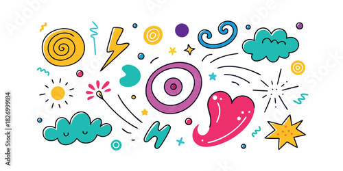 Vibrant Doodle Elements with Clouds Hearts Stars and Swirls on White Background abstract