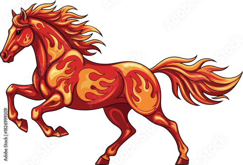 A stylized red and orange horse depicted in a dynamic running pose