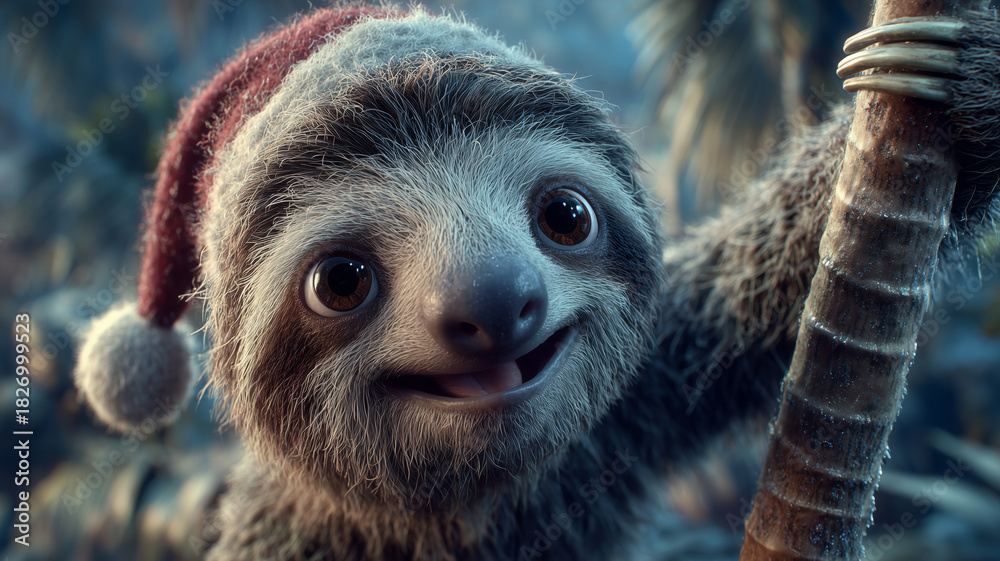 Obraz premium Cheerful sloth in a Christmas hat climbing a tree in a festive forest