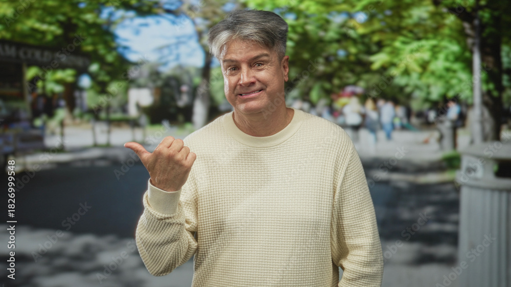 Naklejka premium Man points thumb over shoulder on street, wearing beige sweater with a resigned, slight grimace; resignation.