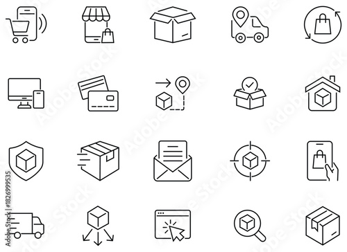 Collation of Delivery line icon set. Parcel delivery symbols, shipping, courier, parcel protection, order tracking and more. Supply chain management symbols. Vector illustration. 