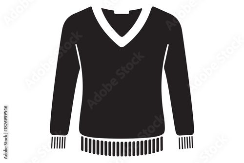 Classic black long sleeve v neck sweater with white trim isolated on white background
