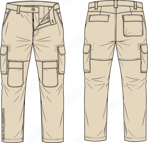 Cargo pants technical fashion sketch, front and back view, flap pocketsCargo pants technical fashion sketch, front and back view, flap pockets