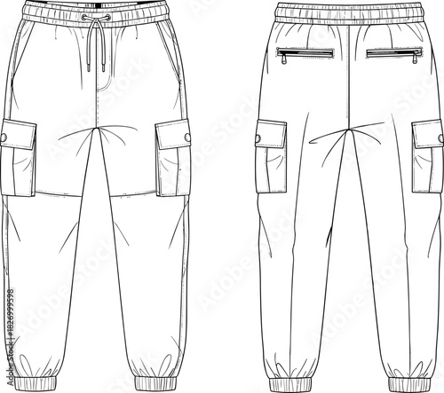Cargo jogger pants technical fashion sketch, elastic waistband, flap pockets,Cargo jogger pants technical fashion sketch, elastic waistband, flap pockets,