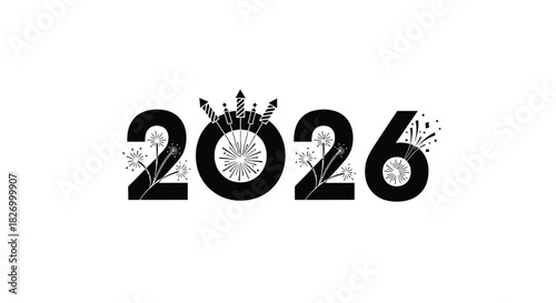 Celebratory graphic design featuring the year 2026 with floral and firework elements