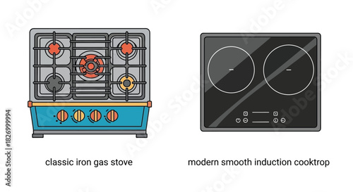 Comparing classic iron gas stoves and modern smooth induction cooktops