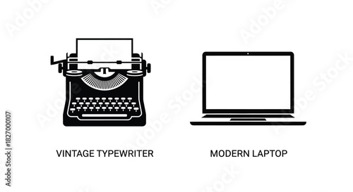A comparison of vintage typewriter and modern laptop illustration in black and white
