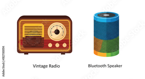 A comparison of a classic vintage radio and a modern bluetooth speaker