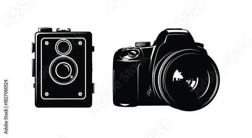 Vintage twin lens and modern dslr cameras displayed in a black and white style