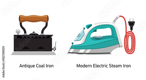 Comparing old and new iron designs coal heated and modern electric appliances