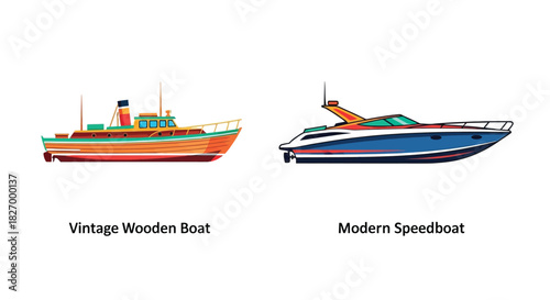 Side by side illustration of a classic wooden boat and a modern speedboat