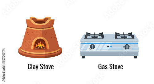 Traditional clay stove contrasted with a modern gas cooking range appliance