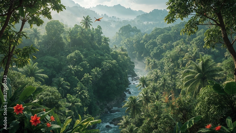 Fototapeta premium Ultra-realistic tropical rainforest with lush greenery, clear river, exotic flowers, and sunlight filtering through dense foliage.