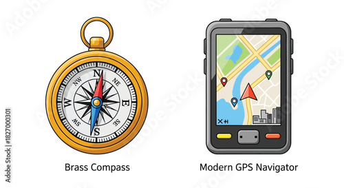 A brass compass and a modern gps navigator displayed side by side