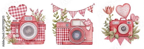 Set of hand-painted red watercolor farmhouse-style photo camera