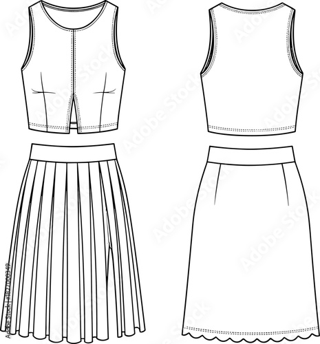 Tableau sur toile Two piece outfit technical fashion sketch, sleeveless top with round neckline,Tw