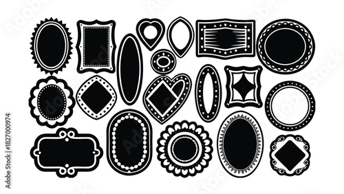 Collection of Decorative Black Silhouettes of Diverse Ornate Frames and Borders Keywords: frame, border, silhouette, black, white, collection, set