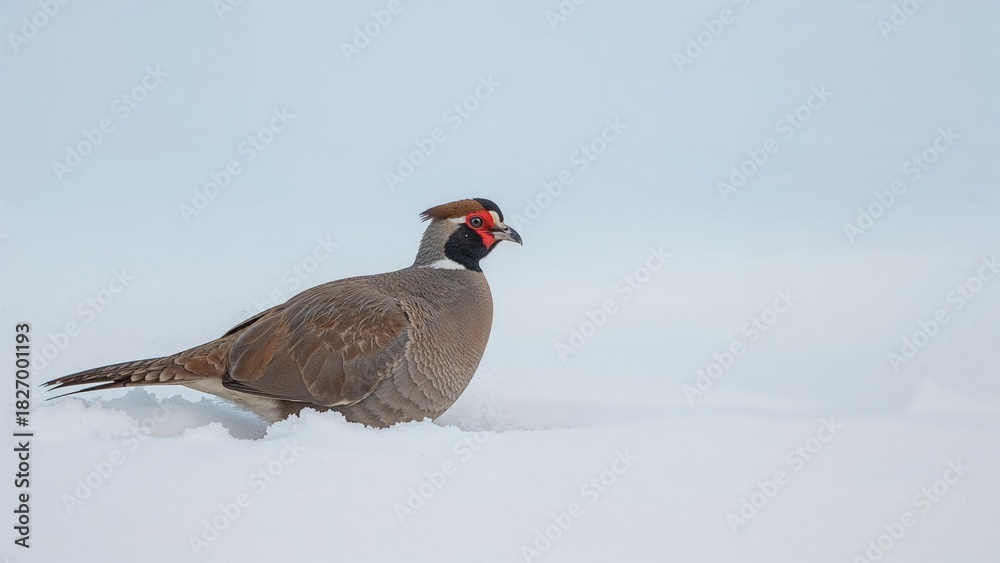 Obraz premium A bird standing on snow, with a blurred light blue sky in the background.