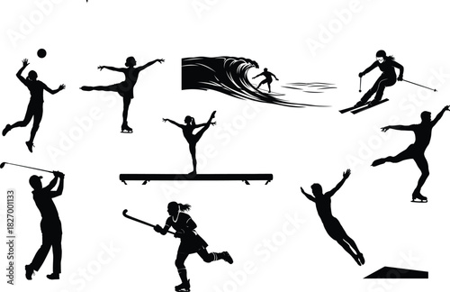 Silhouette collection of athletes performing various sports activities in black and white