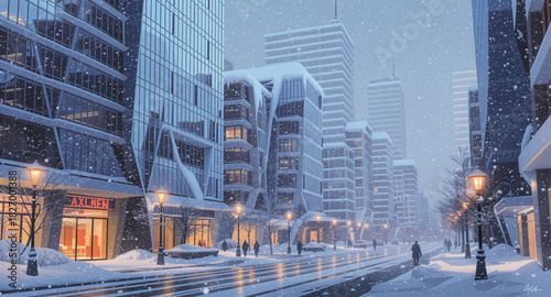 Modern city street in gentle falling snow. Winter city downtown with snowy traffic lights. Business district avenue in peaceful snowfall. Empty snowy city street with warm lights