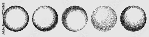 Sand dotted monochrome Gradient spheres set isolated on white background. Vector realistic illustration of dotwork balls with grainy halftone texture, black paint spray radial figure, grungy elements