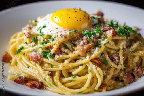 A beautifully styled plate of silky carbonara is photographed with warm lighting, highlighting the glossy sauce, crisp pancetta, and delicate textures for an inviting culinary scene