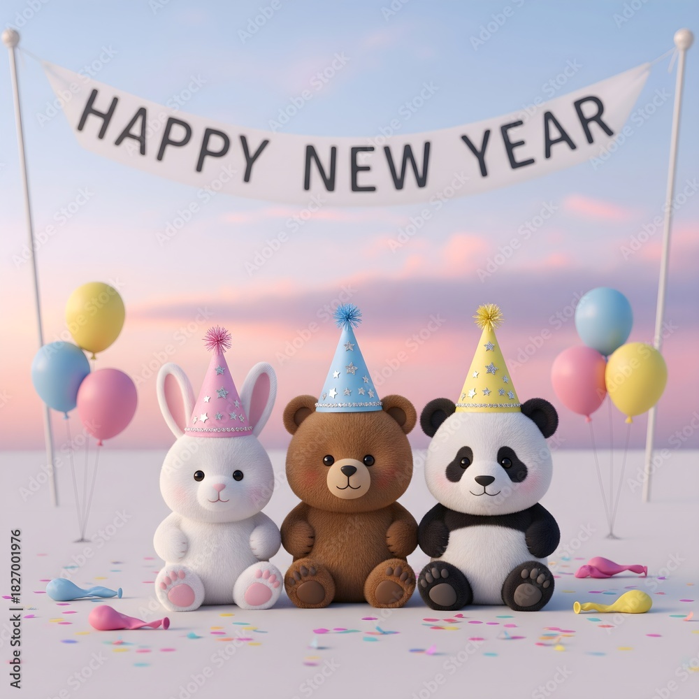 Fototapeta premium Adorable Friends' New Year Bash: Cute Bunny, Bear, and Panda Wearing Party Hats Under a Banner