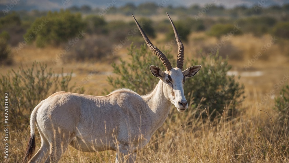 Fototapeta premium A white antelope with long, curved horns standing in a grassy savanna landscape.