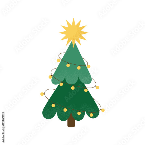 Christmas tree with star  isolated on white background. Minimalistic tree with grain texture. Merry Christmas and Happy New Year tree. Flat design. Vector illustration 