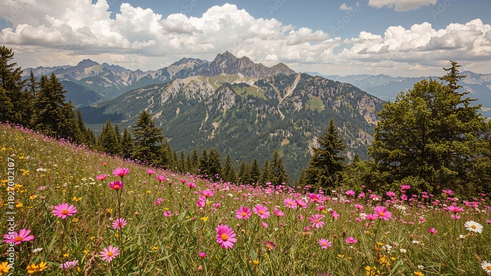 Fototapeta premium Colorful wildflowers in a meadow with mountains and clouds in the background. Nature scene, landscape, outdoor view. Scenic view of mountains and flowering meadow.