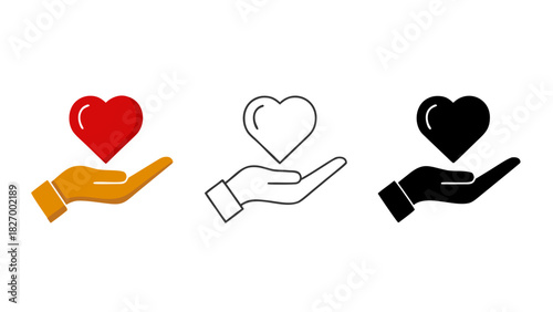 Hand holding heart icons in line, glyph, and filled styles including colorful variations trust symbol