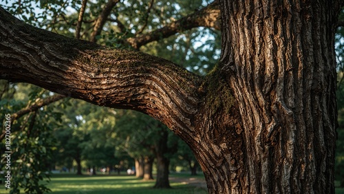 Fototapeta Naklejka Na Ścianę i Meble -  Tree trunk and branches in a park with lush green trees and grass. Nature and outdoor landscape. The environment and scenery.