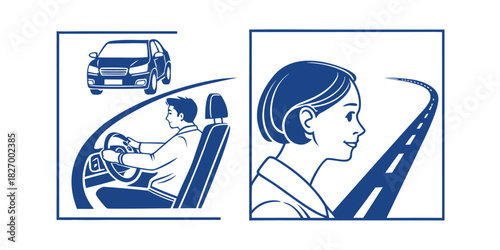 Man Driving Car and Woman Looking at Road vector illustration