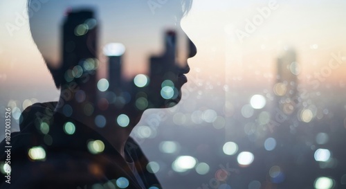 Double exposure portrait of a young persons silhouette combined with a blurry futuristic city skyline and glowing bokeh lights at dusk.