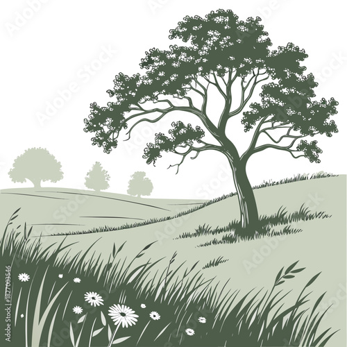 Elegant landscape illustration with a majestic tree, rolling hills, and wildflowers, perfect for nature-themed designs and serene backgrounds originally crafted as scalable vector art