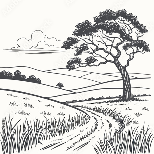 Evocative countryside scene with winding path and solitary tree, perfect for nature lovers, peaceful moments, and rustic charm, an iconic landscape for creative inspiration