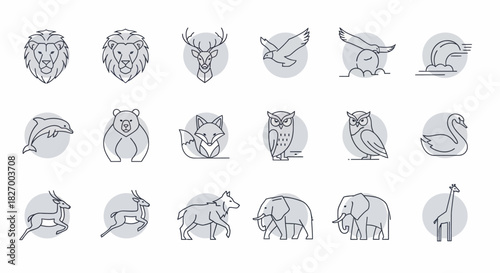 Collection of stylized animal line art icons in a grid layout.