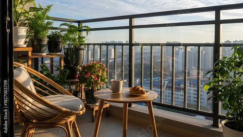 Stylish apartment balcony interior with rattan furniture, green plants, and a city view for a perfect morning