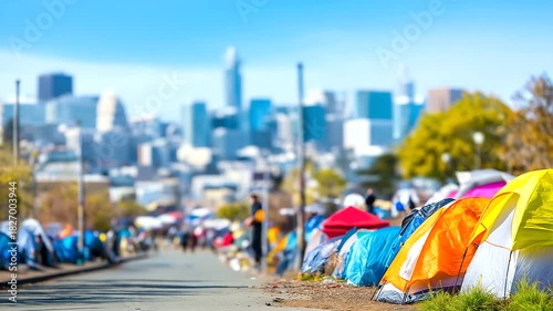 Housing crisis with skyrocketing rents, families evicted and homeless tents in cities, affordability protests, urban inequality depicted, gritty street realism, blurred background,