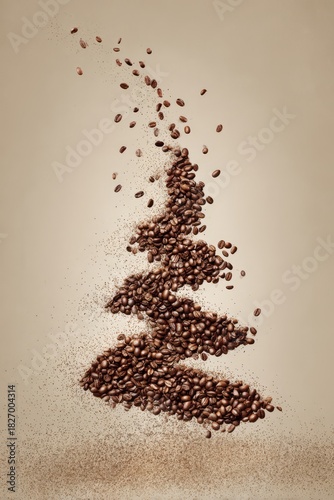 Coffee beans forming christmas tree shape with falling grounds, vertical
