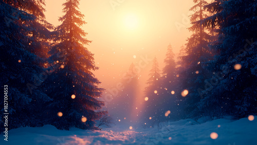 Magical winter forest at sunset with falling snowflakes, glowing orange light, snowy pine trees, serene landscape, Christmas atmosphere, peaceful nature, dreamy cold season background. Generative Ai