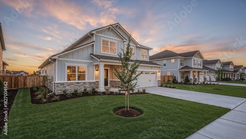 Modern suburban house at sunset with well-kept lawn and driveway. Residential neighborhood, family home, exterior design, and community living.