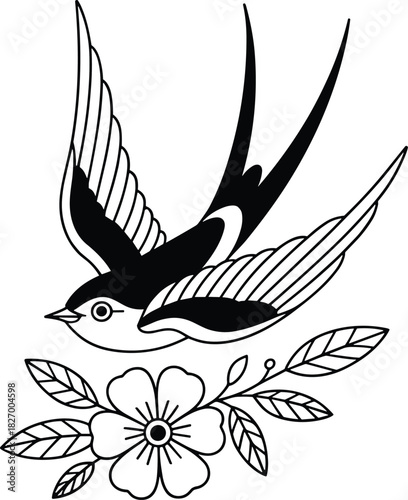 Old school tattoo style swallow bird flying over a flower, black and white vector illustration, traditional ink flash design.