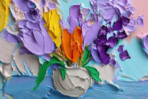 Vibrant palette knife painting of colorful flower bouquet on canvas